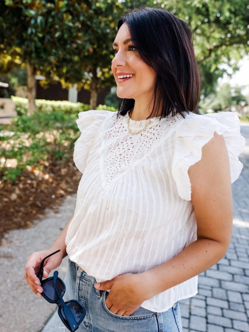 Breezy Eyelet Ruffle Sleeve Top | White | Size Medium
